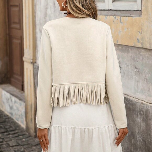 beige Casual Women's Fringe Trim Open Front Jacket - Picture 2 of 8